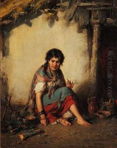 Young Gypsy Playing The Flute (a Young Gypsy Girl Smoking A Pipe; Pair) by Hermann Kern