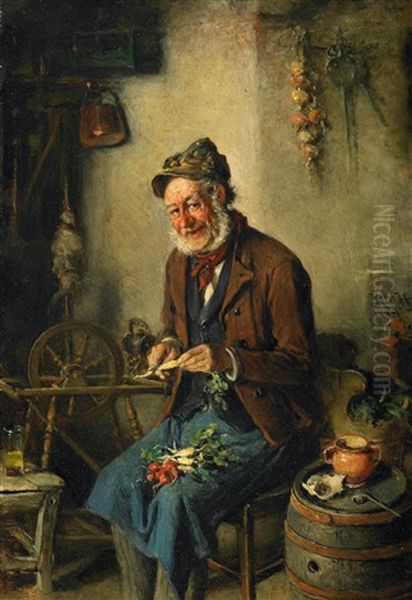 Die Vesperzeit. Alterer Mann In Der Kuche, Gemuse Schneidend - view 1