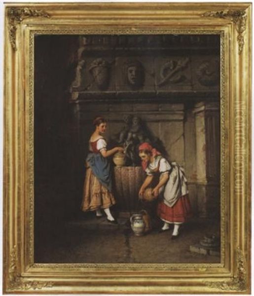 Zwei Madchen Mit Ihren Krugen Am Brunnen - view 1