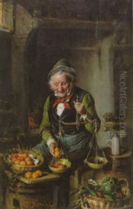 Der Obsthandler Beim Wiegen Von Aprikosen Vor Fassern Und Korben In Einem Kellergewolbe by Hermann Kern