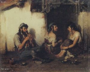 Zwei Bauernmadchen Und Ein Flotenspieler In Ungarischer Tracht Vor Dem Haus by Hermann Kern