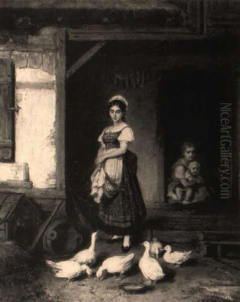 Genreszene: Madchen In Der Scheune, Ganse Futternd - view 1