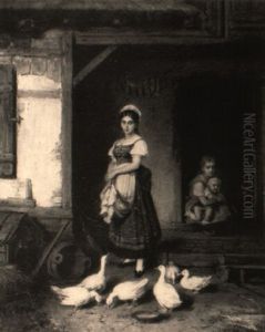 Genreszene: Madchen In Der Scheune, Ganse Futternd