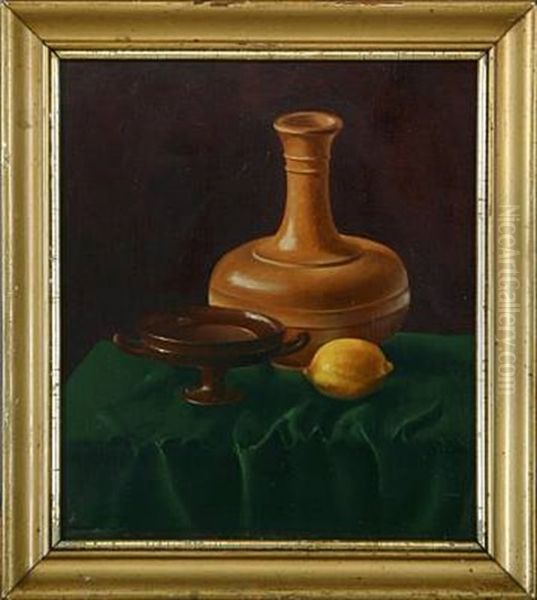 Still Life With Vases And A Lemon On A Green Table Cloth - view 1