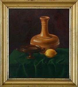 Still Life With Vases And A Lemon On A Green Table Cloth Still Life With Vases And A Lemon On A Green Table Cloth