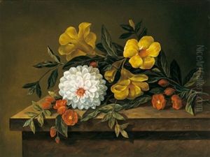 Stillleben Mit Dahlien, Kapuzinerkresse Und Anderen Blumen Auf Einem Tisch