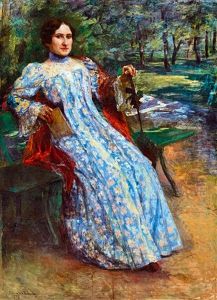 Woman In Blue Dress In The Park by Karoly Kernstok