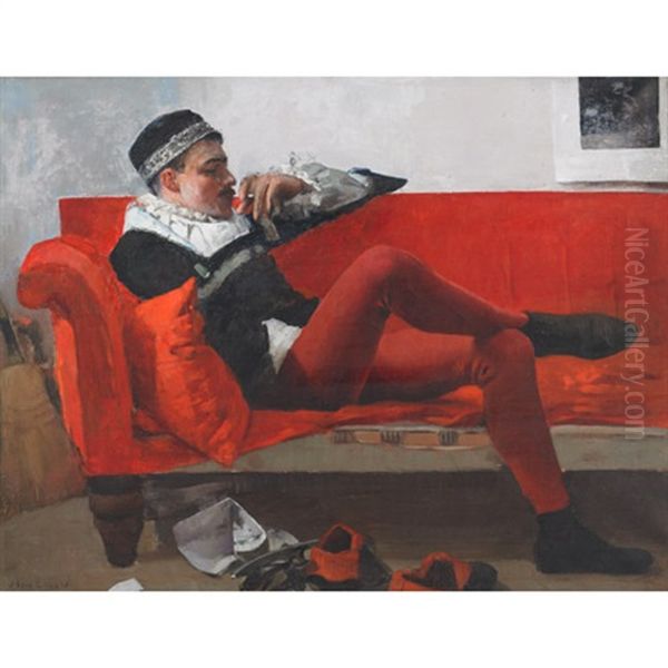 Actor In Shakespearean Costume Lounging On A Red Sofa - view 1
