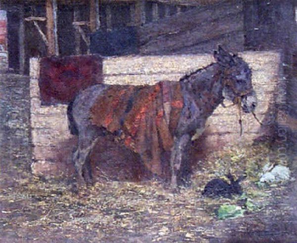 Donkey And Two Bunny Rabbits In A Barn Interior - view 1