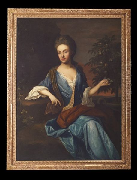 Portrait Of A Lady In Blue, Seated In A Landscape, Holding An Orange Blossom - view 1
