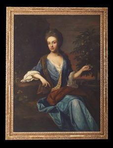 Portrait Of A Lady In Blue, Seated In A Landscape, Holding An Orange Blossom by Frederick Kerseboom