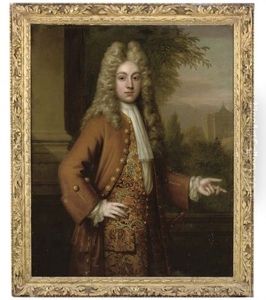 Portrait Of A Gentleman In A Brown Coat And Gold Embroidered Waistcoat, A Garden With Baroque Pavillion Beyond by Frederick Kerseboom