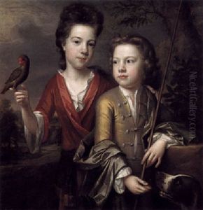 Portrait Of Emily And Robert Cecil In A Landscape, He Wearing An Ochre Silk Waistcoat, She Wearing A Silk Dress, Holding A Parakeet