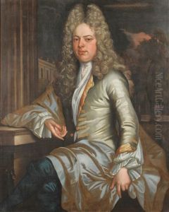 Portrait Of A Gentleman, Seated On A Balcony Wearing A Cream Satin Coat