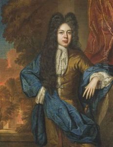 Portrait Of A Gentleman, Three-quarter-length, In A Yellow Jacket With A Blue Wrap And Lace Cravat, Standing Before A Red Curtain, A Landscape Beyond