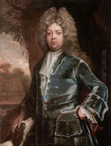 Portrait Of A Gentleman Wearing A Blue Coat With A Hound