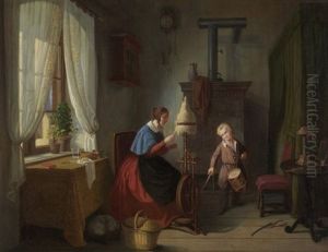 Frau Am Spinnrad Und Junge Mit Sabel Und Trommel