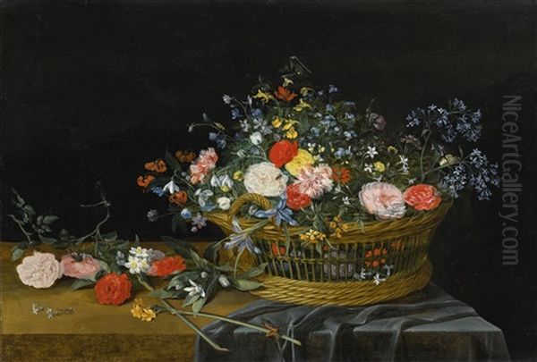 Flowers In A Basket On A Partly Draped Table - view 1