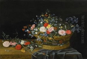 Flowers In A Basket On A Partly Draped Table by Jan van Kessel the Elder