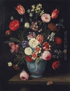 Roses, Tulips, Carnations An Iris And Other Flowers In A Chinese Transitional Blue And White Jardiniere With Moths And Other Insects On A Ledge by Jan van Kessel the Elder