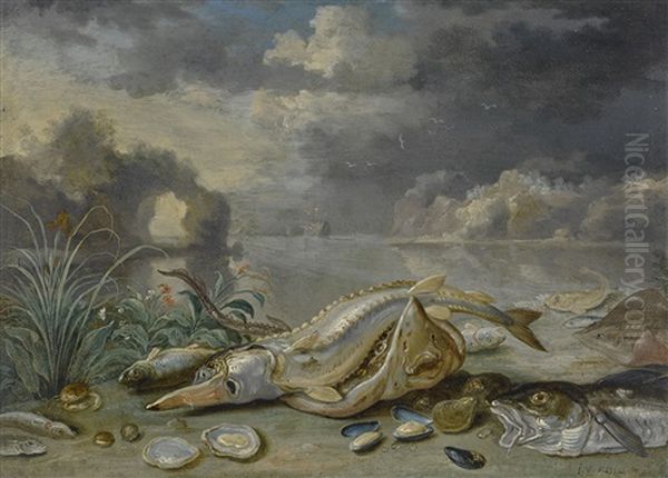 A Sturgeon And Thornback Ray With A Cod, Oysters, Mussels And Other Fish On A Seashore, A Ship In The Distance - view 1