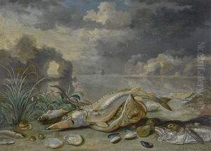 A Sturgeon And Thornback Ray With A Cod, Oysters, Mussels And Other Fish On A Seashore, A Ship In The Distance by Jan van Kessel the Elder