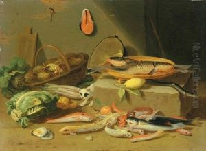 A Pantry With A Cat Prowling Among Fish And Vegetables