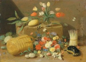 An Overturned Basket Of Flowers With A Tortoise