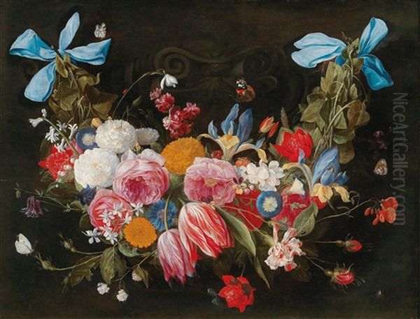 A Floral Garland Held By Blue Bows - view 1