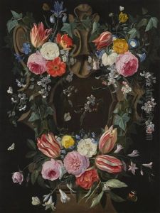 An Ivy Covered Sculpted Cartouche Adorned With Flowers Including Roses, Tulips, Lilies, Blossom And An Iris