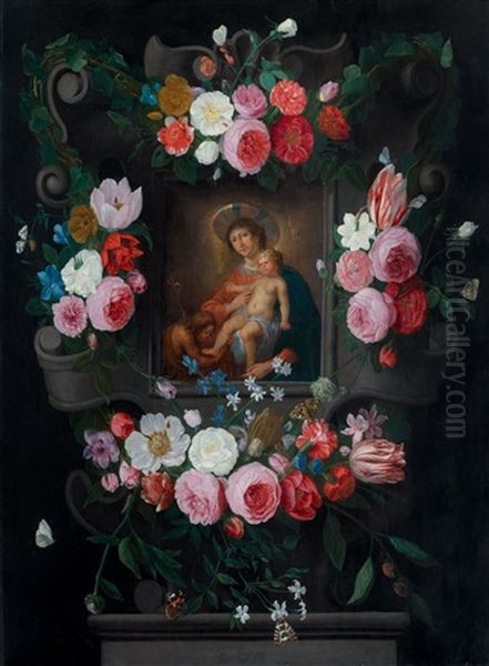 Madonna And Child With John The Baptist In A Floral Cartouche - view 1