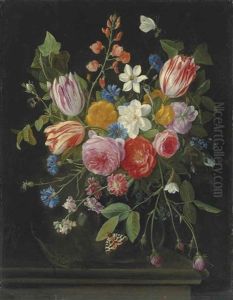 Tulips, Peonies, Chicory, Carnations, Cherry Blossom And Other Flowers In A Glass Vase, With Butterflies, A Bee And A Lizard On A Ledge