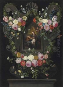 The Virgin And Child With The Infant Saint John The Baptist, In A Sculpted Cartouche On A Ledge, Surrounded By Swags Of Flowers With Butterflies And A Beetle by Jan van Kessel the Elder