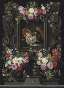 The Lamentation, In A Sculpted Cartouche On A Ledge, Surrounded By Swags Of Flowers With Butterflies And A Beetle by Jan van Kessel the Elder