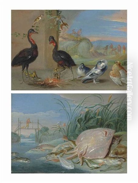 A Skate, A Cod, A Sturgeon And Other Fish On The Bank Of A River, With Figures Crossing A Bridge Beyond; And Ostriches, Pigeons, Sparrows And Salamanders, With Figures Building Fires Beyond - view 1