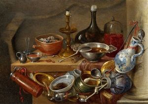 Still Life With Kitchenwares, A Candle And A Bottle by Jan van Kessel the Elder
