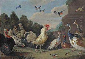 A Cock, Hens, A Turkey, Guinea Fowl, Finches And Other Birds By A Plinth In A Wooded Landscape by Jan van Kessel the Elder