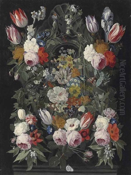 Roses, Parrot Tulips, Poppies, Fuschia, Narcissi, Morning Glory, An Iris And Other Flowers Surrounding A Sculpted Stone Cartouche With A Red Admiral, A Brimstone, An Orange-tip And Other Butterflies, On A Stone Ledge - view 1