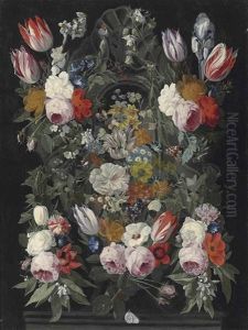 Roses, Parrot Tulips, Poppies, Fuschia, Narcissi, Morning Glory, An Iris And Other Flowers Surrounding A Sculpted Stone Cartouche With A Red Admiral, A Brimstone, An Orange-tip And Other Butterflies, On A Stone Ledge