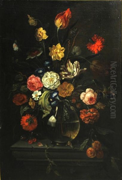 A Still Life With Flowers In A Glass Vase And A Dragonfly On A Stone Ledge; A Still Life With Flowers In A Glass Vase And Fruit On A Stone Ledge (a Pair) - view 1