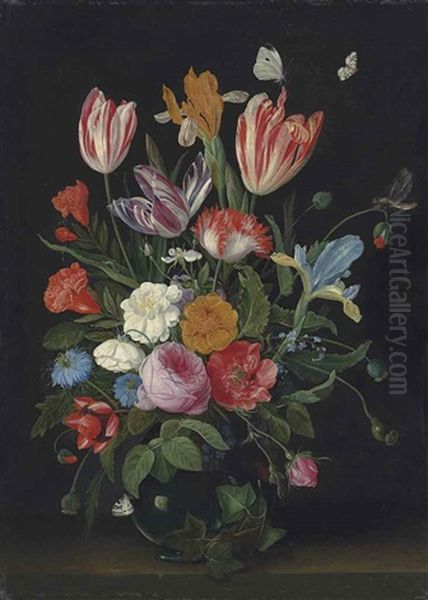 Parrot Tulips, Irises, Roses And Other Flowers In A Glass Vase, On A Stone Ledge, With Butterflies, A Caterpillar And A Dragonfly - view 1