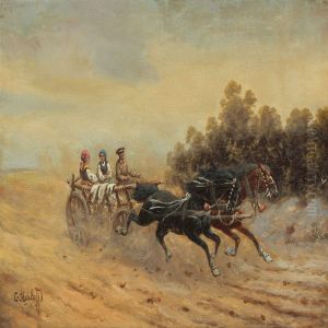 Landscape With With Man In Uniform And Women In A Carriage by Adolf Baumgartner