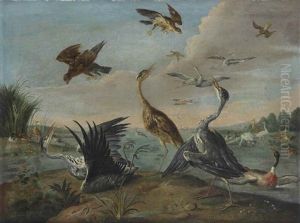 Fighting Herons, Falcons, Ducks And Other Birds In A River Landscape