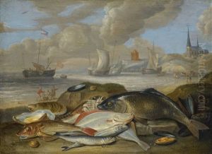 Still Life Of Fish In A Harbor Landscape, Possibly An Allegory Of The Element Of Water by Jan van Kessel the Elder