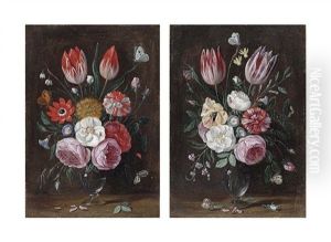 Tulips, Roses And Various Other Flowers With Butterflies In A Glass Vase On A Wooden Ledge; And Tulips, Roses And Various Other Flowers With Butterflies And A Caterpillar In A Glass Vase On A Wooden Ledge (pair) by Jan van Kessel the Elder