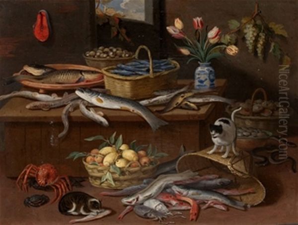 Bodegon De Pescado, Frutas, Flores Y Gato - view 1