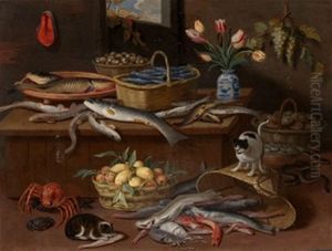 Bodegon De Pescado, Frutas, Flores Y Gato by Jan van Kessel the Elder