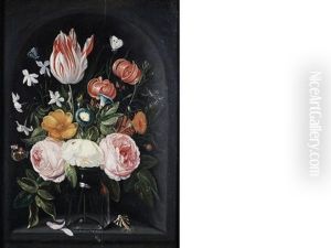 Roses, A Tulip, A Small Morning Glory, And Other Flowers In A Glass Vase On A Stone Plinth, With Birds And Insects, In A Niche