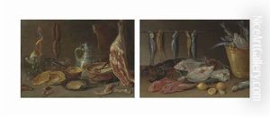 Pancakes On A Pewter Platter And In A Pan, A Vessel With Batter, A Joint Of...: Plaice In A Collander, Gurnard, A Lobster And A Bucket Of Fish...(pair)