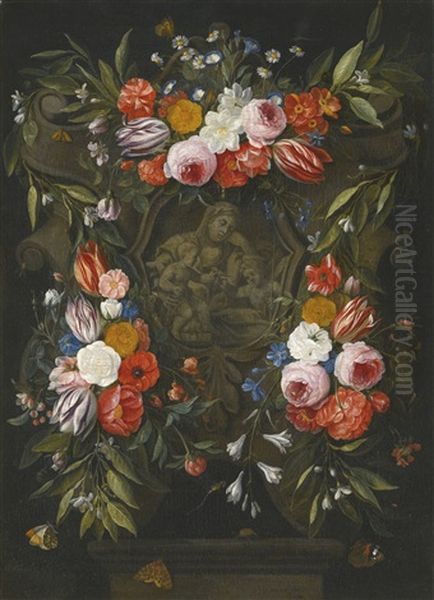 A Garland Of Flowers Around A Stone Cartouche Depicting The Virgin And Child And Saint John - view 1
